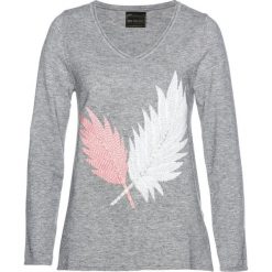 Sweter z nadrukiem z motywem piór bonprix jasnoszary melanż - biel wełny - pastelowy jasnoróżowy. Szare swetry damskie bonprix, z nadrukiem, z wełny. Za 109,99 zł.