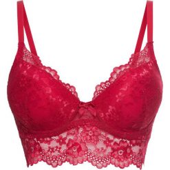 Biustonosz usztywniany bonprix ciemnoczerwony. Czerwone biustonosze bardotka bonprix, w koronkowe wzory, z koronki. Za 54,99 zł.