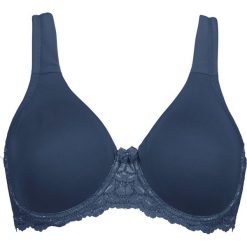 Biustonosz t-shirt bonprix ciemnoniebieski. Niebieskie biustonosze bonprix, w koronkowe wzory, z koronki. Za 54,99 zł.