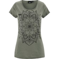 Shirt z przędzy mieszankowej, krótki rękaw bonprix oliwkowy. Zielone koszulki damskie marki bonprix, bez wzorów, bez kołnierzyka. Za 34,99 zł.