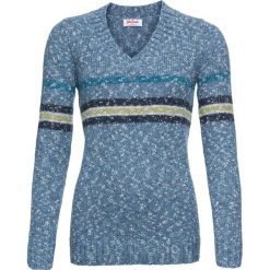 Sweter z dekoltem w serek bonprix niebieski w paski. Niebieskie swetry klasyczne damskie bonprix, z dekoltem w serek. Za 59,99 zł.