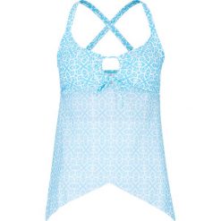 Top plażowy tankini bonprix turkusowo-biały w graficzny wzór. Niebieskie stroje kąpielowe damskie bonprix, bez wzorów, bez kołnierzyka. Za 89,99 zł.