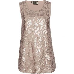 Shirt z koronką i cekinami bonprix brunatny - kolor czerwonego złota. Szare koszulki damskie bonprix, w koronkowe wzory, z wiskozy, bez kołnierzyka, bez rękawów. Za 59,99 zł.