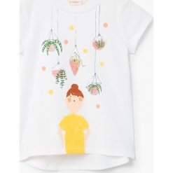 Mango Kids - Top dziecięcy Plantlo 104-164 cm. Szare bluzki dziewczęce marki Mango Kids, z nadrukiem, z bawełny, z okrągłym kołnierzem, z krótkim rękawem. W wyprzedaży za 19,90 zł.
