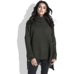 Oliwkowy Sweter z Szerokim Golfem. Zielone swetry damskie Molly.pl, uniwersalny, bez wzorów, ze splotem, z krótkim rękawem. Za 149,90 zł.