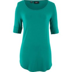 Długi shirt, krótki rękaw bonprix dymny szmaragdowy. Niebieskie koszulki damskie bonprix, bez wzorów, bez kołnierzyka. Za 44,99 zł.