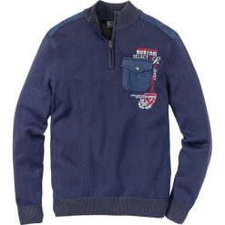 Sweter ze stójką bonprix indygo. Niebieskie swetry męskie marki bonprix, s, z haftami, ze stójką, bez kaptura. Za 54,99 zł.