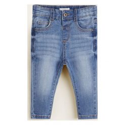 Mango Kids - Jeansy dziecięce 80-104 cm. Niebieskie spodnie chłopięce Mango Kids, bez wzorów, z elastanu, z podwyższonym stanem. W wyprzedaży za 39,90 zł.