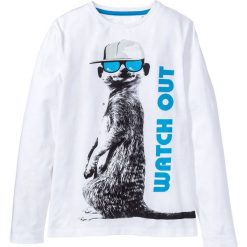 Shirt z długim rękawem i nadrukiem bonprix biały. Białe koszule chłopięce bonprix, z nadrukiem, sportowe, bez kołnierzyka, z długim rękawem, długie. Za 29,99 zł.