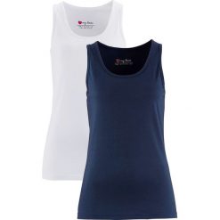 Top ze stretchem (2 szt. w opak.) bonprix ciemnoniebieski + biały. Niebieskie topy damskie bonprix, z materiału, z okrągłym kołnierzem. Za 39,98 zł.