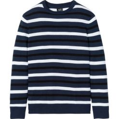 Sweter z okrągłym dekoltem bonprix ciemnoniebiesko-biało-czarny w paski. Niebieskie swetry męskie bonprix, s, w paski, z okrągłym kołnierzem, bez kaptura. Za 74,99 zł.