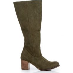 Nubukowe kozaki na słupku - skóra naturalna - model 154 - kolor oliwka. Szare kozaki damskie Zapato, do pracy, na lato, ze skóry, biznesowe, na wysokim obcasie, na obcasie, bez zapięcia. Za 499,00 zł.