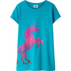 Shirt z modnym nadrukiem bonprix ciemnoturkusowy. Niebieskie bluzki dziewczęce bonprix, z nadrukiem, bez kołnierzyka, z krótkim rękawem, krótkie, bez kaptura. Za 29,99 zł.
