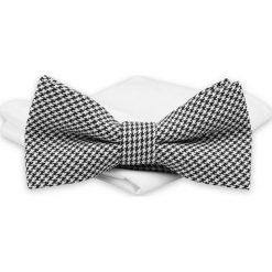 Czarno-Biała Elegancka Mucha Męska -ALTIES- z Białą Poszetką, w Pepitkę MUALTS0657. Czarne muszki męskie Alties, na imprezę, w paski, eleganckie. Za 40,00 zł.