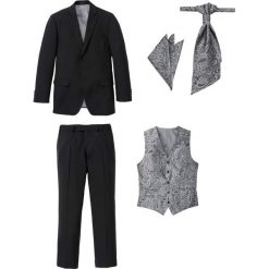 Garnitur 5-częściowy (marynarka, spodnie, kamizelka, krawat i chusteczka do butonierki) bonprix czarny. Czarne krawaty męskie bonprix, m, bez wzorów, eleganckie. Za 399,99 zł.