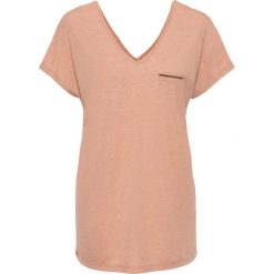 T-shirt z lureksową nitką bonprix terakota melanż. Pomarańczowe koszulki damskie bonprix, bez wzorów, z dekoltem w serek. Za 74,99 zł.