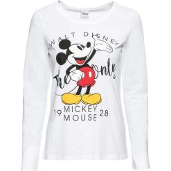 Shirt z długim rękawem z Myszką Miki bonprix biały. Białe koszulki damskie marki bonprix, z nadrukiem, bez kołnierzyka, z długim rękawem. Za 59,99 zł.
