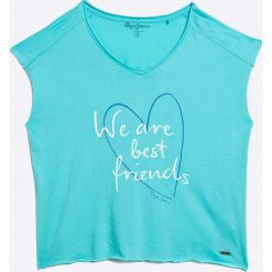 Pepe Jeans - Top dziecięcy. Niebieskie topy damskie Pepe Jeans, l, z nadrukiem, z bawełny, z dekoltem w łódkę. W wyprzedaży za 59,90 zł.