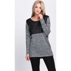 Ciemnoszara Bluzka Tasteful. Czarne bluzki damskie z długim rękawem marki Born2be, s, z aplikacjami, ze skóry, z okrągłym kołnierzem. Za 34,99 zł.
