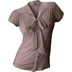 Bluzka shirtowa bonprix brązowy. Pomarańczowe koszulki damskie marki bonprix, bez wzorów, z szyfonu, eleganckie, bez kołnierzyka, bez rękawów. Za 59,99 zł.