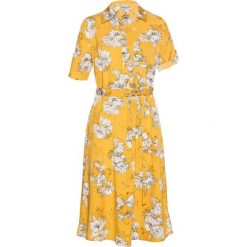 Sukienka bonprix żółty z nadrukiem. Żółte sukienki damskie bonprix, z nadrukiem, eleganckie, z dekoltem w serek, z krótkim rękawem, krótkie, mini, rozkloszowane. Za 129,99 zł.