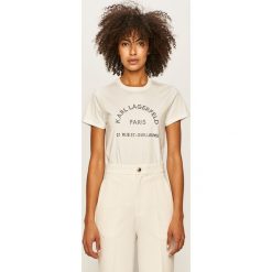 Karl Lagerfeld - T-shirt. Czarne topy damskie KARL LAGERFELD, s, z nadrukiem, z bawełny, z okrągłym kołnierzem. Za 489,90 zł.