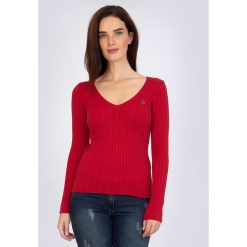 Sweter "Leg Hole" w kolorze czerwonym. Czerwone swetry damskie Sir Raymond Taylor, l, z aplikacjami, z bawełny, bez rękawów, bez kaptura. W wyprzedaży za 129,95 zł.