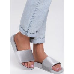 Szare Klapki Divine Fuchsia. Szare klapki damskie Renee, w paski, z weluru, bez obcasa, na płaskiej podeszwie. Za 49,99 zł.