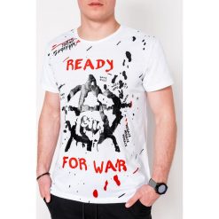 T-shirt męski z nadrukiem S1090 - biały. Białe t-shirty męskie Ombre Clothing, s, z nadrukiem, z bawełny, bez kołnierzyka. Za 13,99 zł.