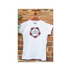 T-shirt Silna niezależna pełna wdzięku. Białe t-shirty damskie Funfara, xxl, bez wzorów, z bawełny, bez kołnierzyka. Za 89,00 zł.