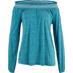 Shirt z elastycznym dekoltem "carmen", długi rękaw bonprix turkusowy melanż. Niebieskie koszulki damskie bonprix, bez wzorów, bez kołnierzyka. Za 54,99 zł.