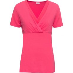 Shirt z dżerseju z szyfonową wstawką bonprix różowy hibiskus. Różowe koszulki damskie bonprix, bez wzorów, z szyfonu, z dekoltem w serek, bez rękawów. Za 59,99 zł.
