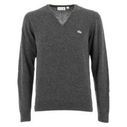Wełniany sweter w kolorze ciemnoszarym. Szare swetry męskie Lacoste, s, bez wzorów, z wełny, klasyczne, bez kołnierzyka, bez kaptura. W wyprzedaży za 349,95 zł.