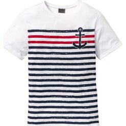 T-shirt Slim Fit bonprix biały z nadrukiem. Białe koszulki męskie bonprix, xxl, w paski, bez kołnierzyka. Za 49,99 zł.