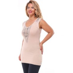 Top "Tanilex" w kolorze beżowym. Brązowe bluzki damskie Multiples grandes tailles, s, bez wzorów, z kaszmiru, z okrągłym kołnierzem. W wyprzedaży za 42,95 zł.