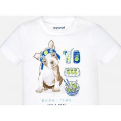 Mayoral - T-shirt dziecięcy 68-98 cm. Białe t-shirty męskie marki Mayoral, z nadrukiem, z bawełny, z okrągłym kołnierzem. Za 54,90 zł.