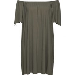 Sukienka shirtowa z dekoltem "carmen" bonprix khaki. Zielone sukienki damskie bonprix, bez wzorów, bez kołnierzyka, bez rękawów. Za 74,99 zł.
