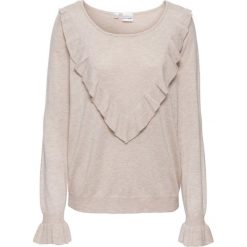 Sweter z falbaną bonprix beżowy. Brązowe swetry klasyczne damskie bonprix. Za 89,99 zł.