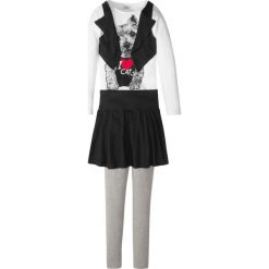 Kamizelki dziewczęce: Shirt z kamizelką + spódnica + legginsy (3 części) bonprix jasnoszary melanż – biało-czarny