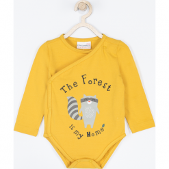 Body. Żółte body niemowlęce FOREST, z nadrukiem, z elastanu, z długim rękawem. Za 32,90 zł.