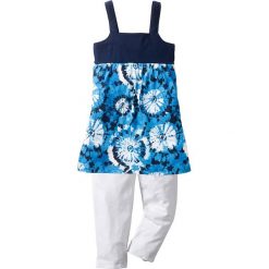 Sukienka + legginsy 3/4 (2 części) bonprix ciemnoniebiesko-biały z nadrukiem. Białe legginsy dziewczęce bonprix, z nadrukiem, na ramiączkach. Za 27,99 zł.
