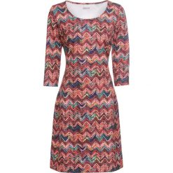 Sukienka neoprenowa z nadrukiem, rękawy 3/4 bonprix rdzawopomarańczowy z nadrukiem. Pomarańczowe sukienki damskie bonprix, z nadrukiem, z neoprenu, eleganckie, bez kołnierzyka, bez rękawów. Za 89,99 zł.