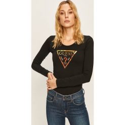 Guess Jeans - Longsleeve. Czarne bluzki damskie Guess Jeans, s, z nadrukiem, z elastanu, casualowe, z okrągłym kołnierzem. W wyprzedaży za 129,90 zł.