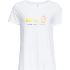 T-shirt z nadrukiem bonprix biały z nadrukiem. Białe koszulki damskie bonprix, z nadrukiem, z okrągłym kołnierzem, bez rękawów. Za 24,99 zł.