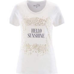T-shirt bonprix biel wełny z nadrukiem. Białe t-shirty damskie bonprix, z nadrukiem, z wełny. Za 21,99 zł.