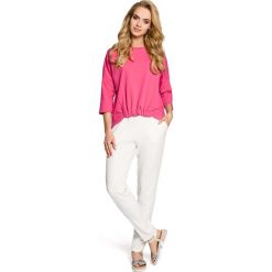 Fuksja Bluza Nietoperzowa z Gumką na Dole. Czerwone bluzki damskie Molly.pl, s, bez wzorów, z dzianiny, klasyczne, z klasycznym kołnierzykiem, z krótkim rękawem. Za 94,90 zł.