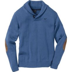 Sweter z szalowym kołnierzem bonprix jasny indygo. Niebieskie swetry męskie bonprix, s, z haftami, ze skóry. Za 54,99 zł.