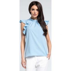 Niebieska Elegancka Bluzka z Riuszką. Niebieskie bluzki damskie Molly.pl, s, bez wzorów, z jeansu, eleganckie, z falbankami, bez rękawów. Za 119,90 zł.