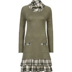 Sukienka dzianinowa w połączeniu różnych materiałów bonprix oliwkowy w kratę. Zielone sukienki damskie bonprix, bez wzorów, z dzianiny, bez kołnierzyka, bez rękawów. Za 169,99 zł.