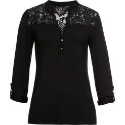 Shirt henley z koronkową wstawką bonprix czarny. Czarne koszulki damskie bonprix, w koronkowe wzory, z elastanu, z dekoltem w serek, bez rękawów. Za 59,99 zł.